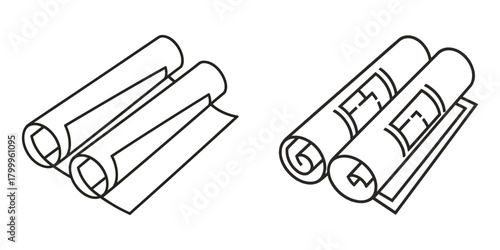 Architecture blueprint icon set with rolled drawing plans and construction symbols