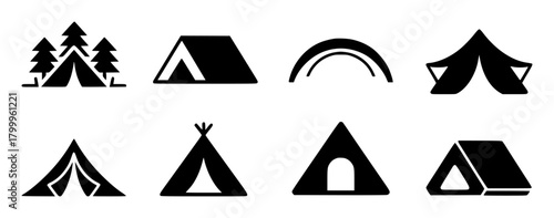 Collection of Black Tent Icons for Camping and Outdoor Activities
