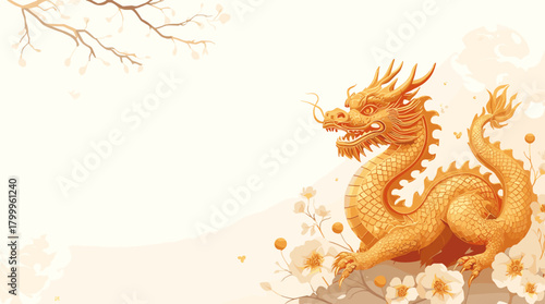 Golden dragon statue lunar new year serene golden chinese dragon among blooming flowers festive spring atmosphere