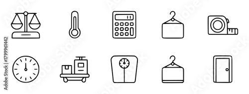 Collection of Icons Scales, Thermometer, Calculator, Hanger, Tape Measure, Clock, Cart, Door