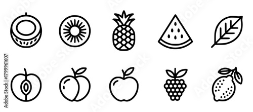 Collection of stylized fruit icons in black and white