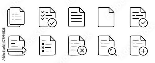 Document Icons Checkmarks, X's, Search, Add, Export, and Lists
