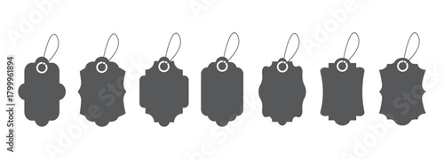 Blank black paper price tags or gift tags of various shapes. Price tag collection. Paper labels set. card note celebration greeting or holidays gift or price tag. 