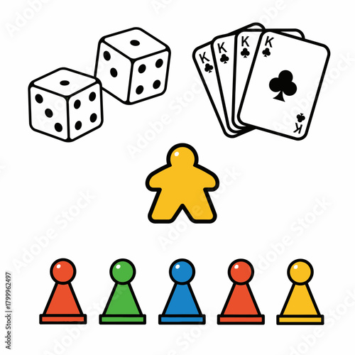 Board Game Icons Vector Set – Dice, Cards, Pawns & Tokens