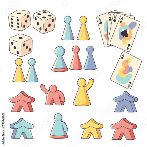 Board Game Icons Vector Set – Dice, Cards, Pawns & Tokens