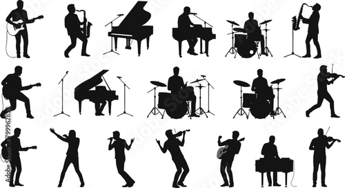 music, silhouette, posture, motion, instrument, guitar, piano, drum, saxophone, microphone, icon, band, sing, play