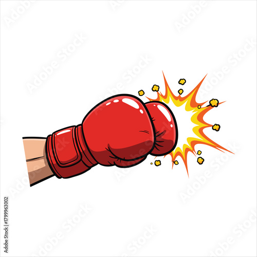 Powerful punch with red boxing glove hitting hard with energy blast
