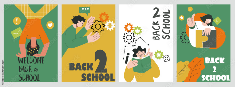Fototapeta premium Set of back to school illustrations. Concepts for education, learning, reading book, school, bookstore. International education day, world book day, teachers day. Hand drawn vector.