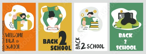 Set of back to school illustrations. Concepts for education, learning, reading book, school, bookstore. International education day, world book day, teachers day. Hand drawn vector.