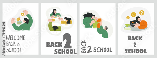 Set of back to school illustrations. Concepts for education, learning, reading book, school, bookstore. International education day, world book day, teachers day. Hand drawn vector.