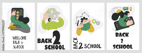Set of back to school illustrations. Concepts for education, learning, reading book, school, bookstore. International education day, world book day, teachers day. Hand drawn vector.