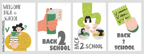 Set of back to school illustrations. Concepts for education, learning, reading book, school, bookstore. International education day, world book day, teachers day. Hand drawn vector.