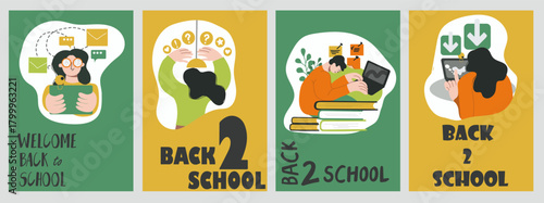 Set of back to school illustrations. Concepts for education, learning, reading book, school, bookstore. International education day, world book day, teachers day. Hand drawn vector.
