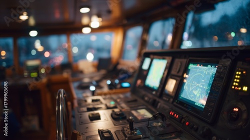 Fototapeta Naklejka Na Ścianę i Meble -  Lowangle view of a digital ship control panel with glowing instruments and navigational screens in a dimly lit room during evening, emphasizing technological detail and ambient mood with copy space o