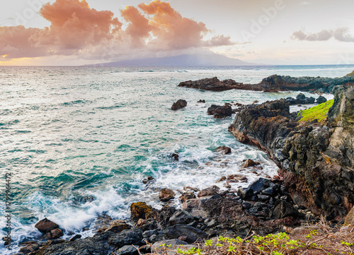 Morning Light  On The Volcanic Shoreline of Kumimi Point With Maui Across The Pailolo Channel, Molokai, Hawaii, USA