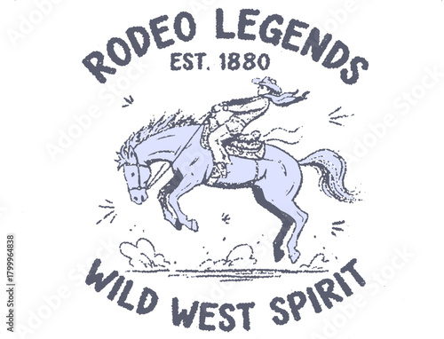 A vintage "Rodeo Legends" design. Features a cowboy on a bucking bronco with "Wild West Spirit" text in a distressed, two-color style.