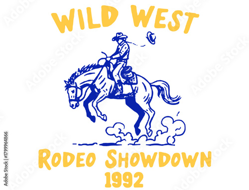 A vintage "Rodeo Legends" design. Features a cowboy on a bucking bronco with "Wild West Spirit" text in a distressed, two-color style.