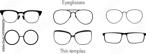 A collection of vector silhouettes of black glasses with thin frame shapes