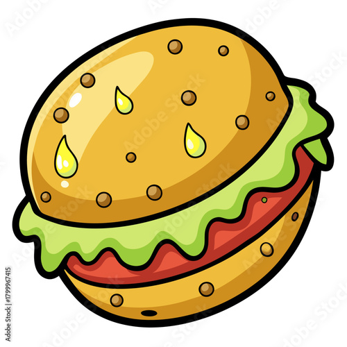 Juicy cartoon hamburger with sesame seed bun and fresh lettuce