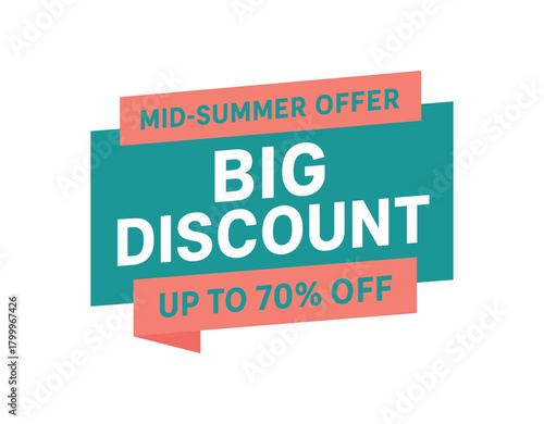 Flat vector banner design top text MIDSUMMER OFFER main text BIG DISCOUNT bottom text UP TO 70% OFF turquoise and coral modern flat rectangle