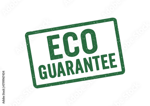Green rubber stamp text ECO GUARANTEE rectangular outline bold capital letters distressed texture rotation isolated on white background vector illustration clean minimal style