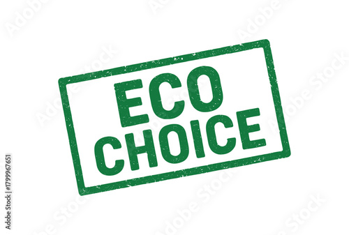 Green rubber stamp text ECO CHOICE rectangular outline bold capital letters distressed texture rotation isolated on white background vector illustration clean minimal style