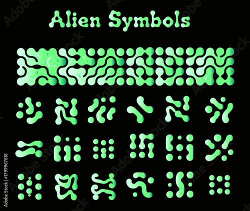 Vector illustration features glowing green abstract alien symbols on a black background. The style is futuristic and playful, with soft, organic shapes suggesting an extraterrestrial theme.