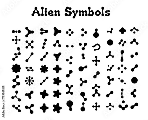 Vector illustration features bold black alien symbols with organic, abstract shapes on a white background. The style is modern and minimalistic, evoking a mysterious extraterrestrial theme.