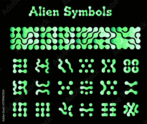 Vector illustration features glowing green abstract alien symbols on a black background. The style is futuristic and playful, with soft, organic shapes suggesting an extraterrestrial theme.