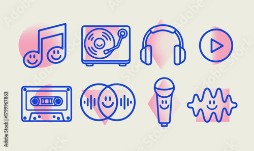 Vector illustration features playful blue music icons on a light background with pink geometric shapes. The icons include headphones, cassette, microphone, and audio symbols in a modern style.