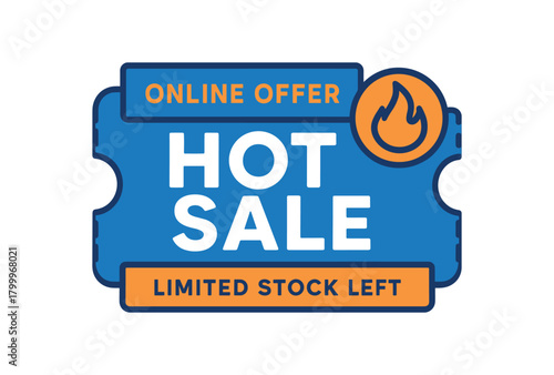 Flat vector banner design top text ONLINE OFFER main text HOT SALE bottom text LIMITED STOCK LEFT blue and orange flat coupon style design with soft outline