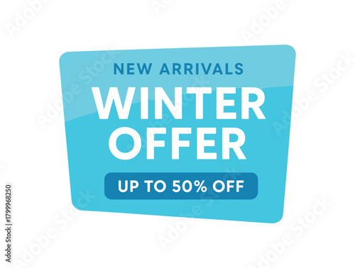 Flat vector banner design top text NEW ARRIVALS main text WINTER OFFER bottom text UP TO 50% OFF icy blue and white rectangle with smooth gradient