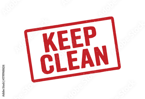 Red rubber stamp text KEEP CLEAN rectangular outline bold capital letters distressed texture rotation isolated on white background vector illustration clean minimal style