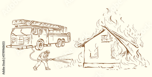 Vector drawing. Firefighter puts out the fire