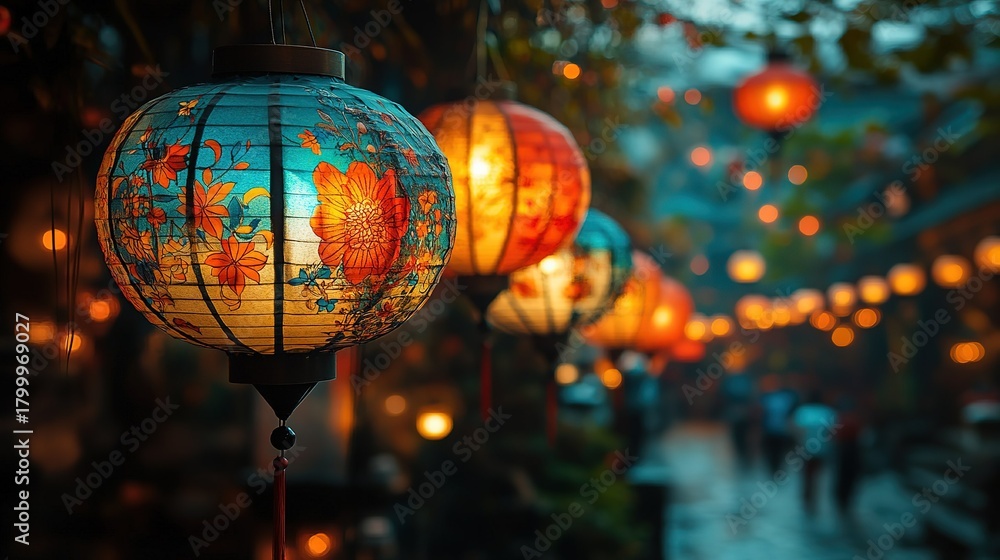 Obraz premium Chinese Painted Lanterns Street Background (Warm Light Spots + Crowd Scene) Vintage Cozy Decoration Design Background 
