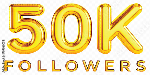realistic smooth 50K FOLLOWERS typography mad by different color style isolated on transparent background	
