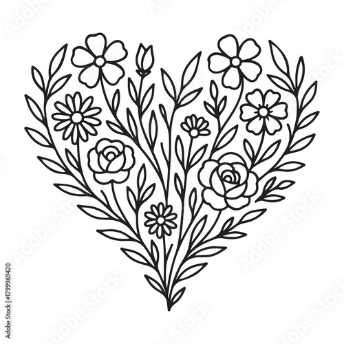 Elegant heart shaped floral arrangement with wildflowers and leaves Black and white line art vector illustration 