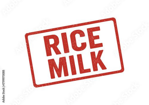 Red rubber stamp text RICE MILK rectangular outline bold capital letters distressed texture rotation isolated on white background vector illustration clean minimal style