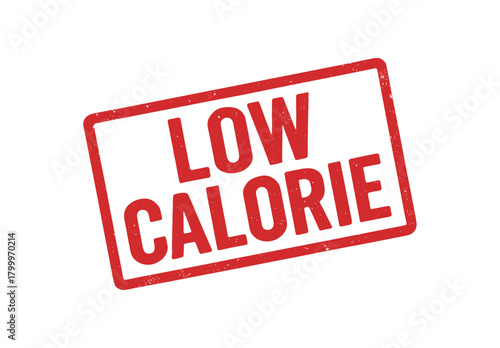 Red rubber stamp text LOW CALORIE rectangular outline bold capital letters distressed texture rotation isolated on white background vector illustration clean minimal style