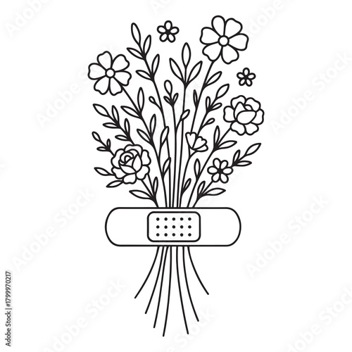 Floral bouquet wrapped in bandage, symbolizing emotional healing and growth. Black and white vector illustration in line art minimalist style	

