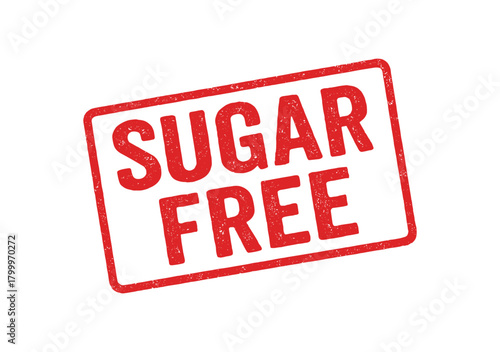 Red rubber stamp text SUGAR FREE rectangular outline bold capital letters distressed texture rotation isolated on white background vector illustration clean minimal style