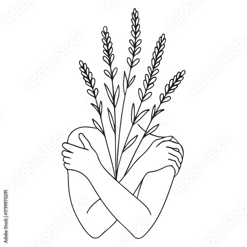 Elegant botanical line drawing of human arms embracing themselves with lavender growing upward in minimalist style. Black and white vector illustration	