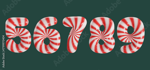 Candy cane striped balloon numbers in a glossy 3D rendering, isolated on a dark green background.