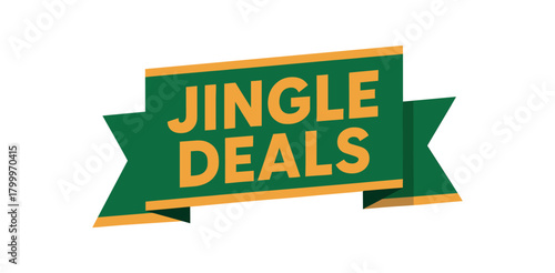 Flat vector banner design text Jingle Deals bold geometric font green and gold palette ribbon folded shape