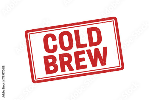 Red rubber stamp text COLD BREW rectangular outline bold capital letters distressed texture rotation isolated on white background vector illustration clean minimal style