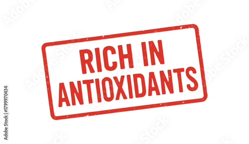 Red rubber stamp text RICH ANTIOXIDANTS rectangular outline bold capital letters distressed texture rotation isolated on white background vector illustration clean minimal style