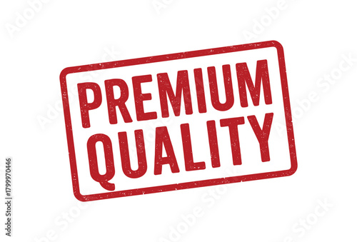 Red rubber stamp text PREMIUM QUALITY rectangular outline bold capital letters distressed texture rotation isolated on white background vector illustration clean minimal style