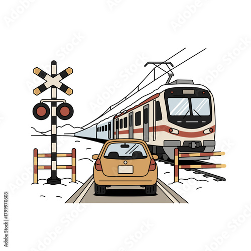 Car waiting at railway crossing with snowy train passing by  