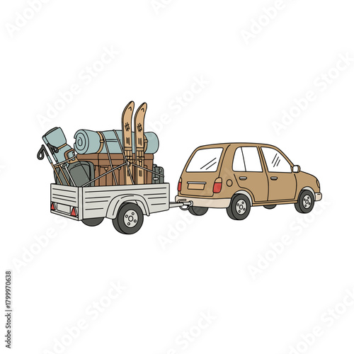 Car towing trailer packed with winter sports equipment for trip  