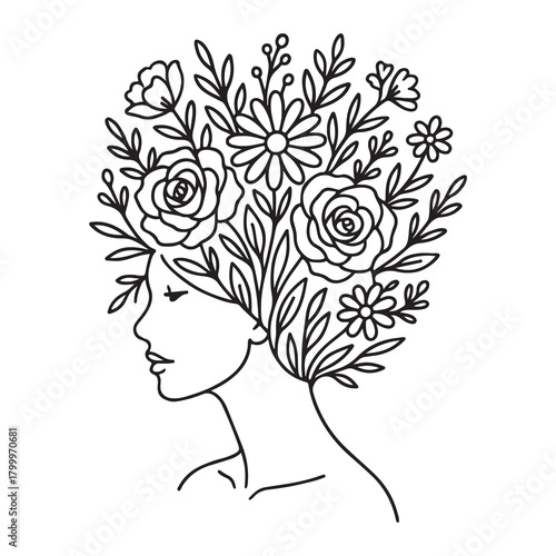 Flower crowned woman with calm expression in minimalist style. Black and white vector illustration 